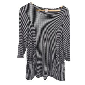 Chicos Sz 2 Black White‎ Stripe Tunic Top 3/4 Sleeve Pockets Size L Nautical